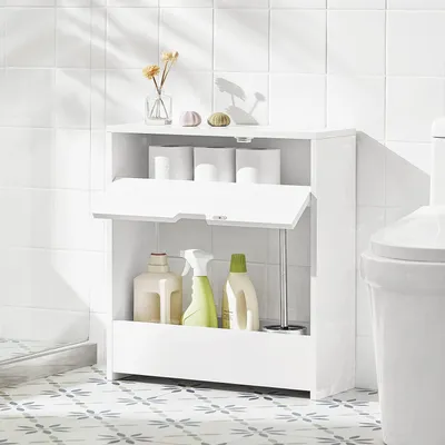Image de Support de papier toilette SoBuy, armoire de toilette de salle de bains, armoire blanche en niche, meuble de salle de bains, armoire de salle de bains en bois à poser au sol, 20 x 55 x 60 cm