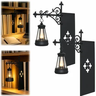 Produktbild von 2er Vintage Schreibtischlampe mit hängender Laterne, Kabellose Dekorative Buchstütze, Bücherregal Lampe für Arbeitszimmer, Wohnzimmer, Leseecke