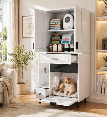 Produktbild von Katzenschrank Mehrzweckschrank 161x80x40 cm mit Katzenhöhle & Schubladen, höhenverstellbare Regalböden, stabiler Haustierschrank aus Holzwerkstoff
