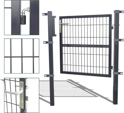 A collage of images showing different parts and angles of a garden gate system.