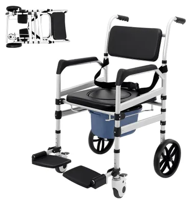 Produktbild von Toilettenstuhl für Senioren, klappbarer Duschstuhl mit Rollen und Sicherheitsgurt, höhenverstellbar, Tragfähigkeit 150 kg für kranke, ältere, behinderte und schwangere Personen