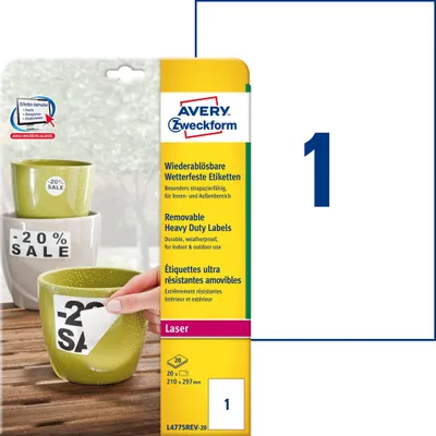 Imagen del producto de Avery Zweckform® L4775REV-20: Etiquetas autoadhesivas en película, formato 210 x 297 mm, color blanco, 20 etiquetas, removibles, resistentes a la intemperie