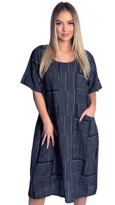 Produktbild von Damen 100% Baumwollkleid Casual Shirtkleid Style Strandkleid Sommerkleid 377 Dunkelblau Einheitsgr. 36-40