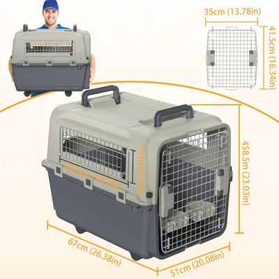 Obrázok produktu pre TRMLBE prepravný box pre psa, 67x51x58,5cm prepravný box pre psa cestovný a prepravný box pre lietadlo s kovovými dverami a vetracími otvormi okno box pre psa s nosnosťou do 12,5 kg vrátane podložiek na močenie misky na kŕmenie rukoväť kolieska