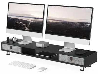 Zdjęcie produktu dla Stojak na monitor z 2 szufladami, regulowany na wysokość, 108 cm, kolor czarny