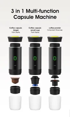 Productafbeelding van Draagbare elektrische koffiemachine - Machine voor espresso met gemalen koffie of koffiepoeder - 3-in-1 - Draadloos - 20 bar - 72 W - 60 ml - Zwart
