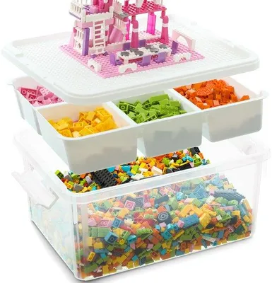 Productafbeelding van Unyqoos® Kunststof opbergbox, 16 liter, transparant – met deksel met constructieplaat, 5 verstelbare compartimenten, uitneembaar binnenstuk, 29,5 x 18,5 x 40,5 cm
