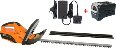 A collection of hedge trimmer components laid out on a white background.
