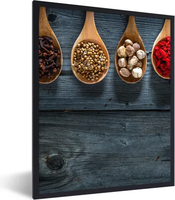 Produktbild von MuchoWow® Gerahmtes Poster Gewürze - Löffel - Holz - Küche - Gewürze - Industrie 30x40 cm - Poster mit Schwarzem Bilderrahmen Wandposter Rahmen Foto Bilder - Wanddeko - Kunstdrucke