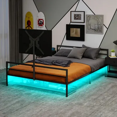 Obrázek produktu pro MODFU Kovová postel Černá s LED osvětlením, praktický rám postele, úložná postel s kovovým držením na úložné koše