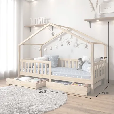 Produktbild von Hausbett ELEA aus massiver Kiefer, Kinderbett mit Rausfallschutz 90x200cm, Spielbett mit Dach in natur