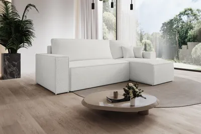 Zdjęcie produktu dla Nowoczesna narożna sofa Milano w kształcie litery L z funkcją spania i schowkiem na pościel, zestaw wypoczynkowy z pufą, sofa tapicerowana do salonu o nowoczesnym designie