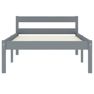 A grey wooden bed frame with a slatted base, shown from the front.