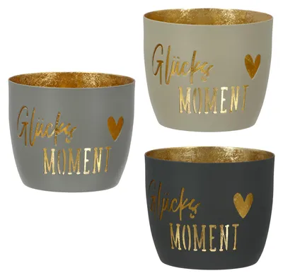 Produktbild von Gilde Windlicht, "Glücksmoment", Schriftzug, Metall, beige, creme, grau, VE 9, 3 Stück wie abgebildet,, H. 9 cm, D. 10 cm 58907