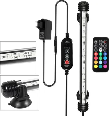 A product shot of an LED aquarium light with its accessories.