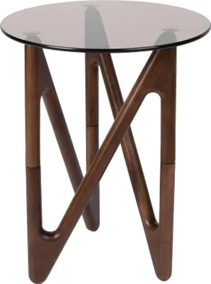 A round side table with a glass top and wooden base.