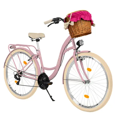 Produktbild von MILORD Damenfahrrad Citybike Komfort Mit Weidenkorb Hollandrad Fahrrad, 26 Zoll, 21-Gang, Rosa-Creme