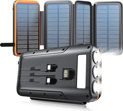 Produktbild von 20000mAh Solar Powerbank Outdoor, faltbare 4 Solarpanels, wasserdichter Solarlader mit LED Licht & integrierten Kabeln