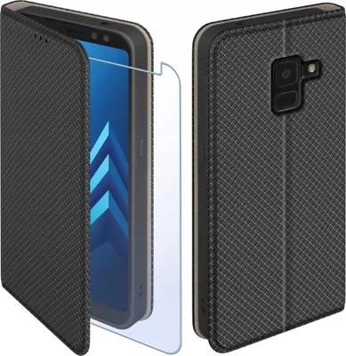Produktbild von Hülle mit Klappe für Samsung Galaxy A8 2018, schwarz, mit Schutzglas 9H
