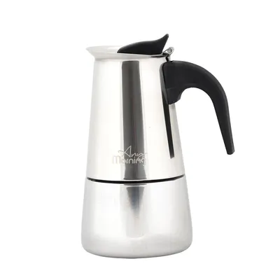 A silver moka pot with a black handle and lid is shown against a white background.