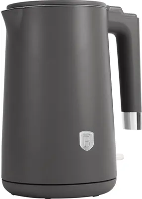 A studio shot of a dark gray electric kettle.