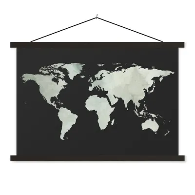 Produktbild von MuchoWow® Textilposter Weltkarte - Grau - Schwarz 120x80 cm mit schwarzem Rahmen - Wanddeko