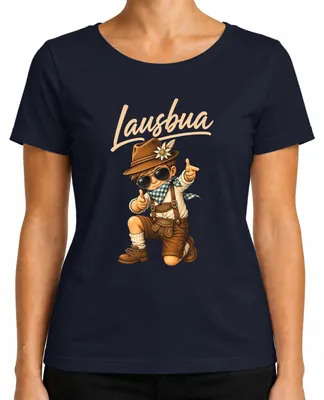 Zdjęcie produktu dla Lausbua – Chłopięcy strój bawarski: skórzane spodnie, koszula w tradycyjny wzór, sukienka Dirndl, damski T-shirt, kolor granatowy, rozmiar L