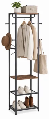 Produktbild von Relaxdays Garderobenständer, 4 Ablagen & 8 Haken HBT: 181x40x28cm, Jackenständer mit Stange, Flur, Metall, braun-schwarz