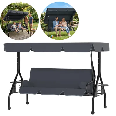 Image de Balançoire de jardin TRMLBE pour 3 personnes, balancelle avec fonction bain de soleil et auvent réglable, résistante aux UV, anthracite 185 x 113 x 163 cm