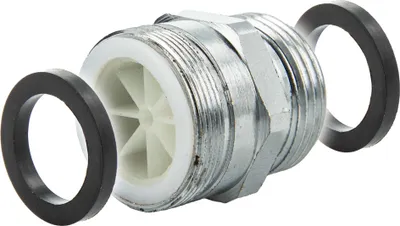 A disassembled plumbing adapter with two rubber gaskets and a metal fitting with a white plastic turbine inside.