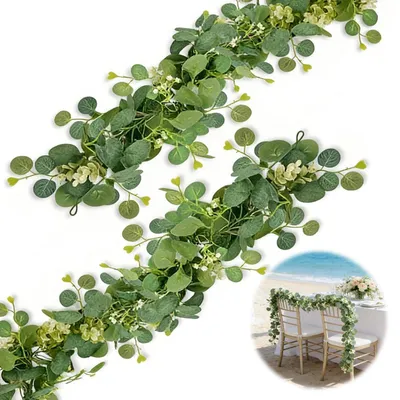 Image de Guirlande d'eucalyptus artificielle, 2 mètres, avec des feuilles vertes et des fleurs blanches