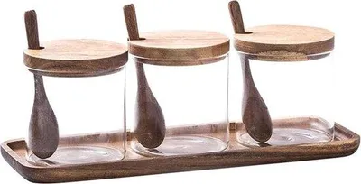 Produktbild von Famanu Gewürzgläser mit Trays - Glas Gewürzbehälter mit Holzlöffel und Deckel
