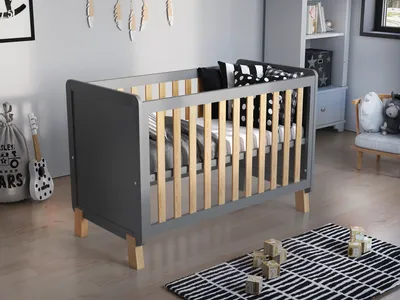 Obrázek produktu pro Dětská Postýlka šedá- Přírodní Dřevo120 x 60 cm + Pěnová Matrace Aloe Vera + Dřevěná Bezpečnostní Zábrana