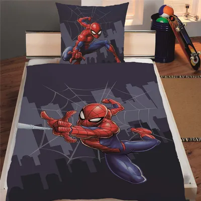 Produktbild von Spiderman Bettwäsche Set in blau für Jungen · Kinderbettwäsche135x200 80x80 cm im Comic Stil aus 100% Baumwolle · Ganzjahres-Bettwäsche