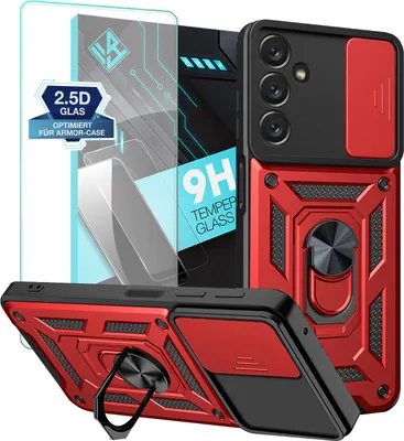 Produktbild von Armor Handyhülle für Samsung Galaxy A34 5G mit 9H Displayglas Displayschutz Kameraschutz Handy Panzer Case Cover Schutzhülle Outdoor Farbe: Rot