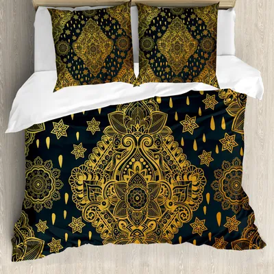 Produktbild von ABAKUHAUS Mandala Bettbezug Set, Bohemian Paisley Ornament Henna Tattoo ethnischen Stammes-Vintage-Design, 155 x 220 cm + 80 x 80 cm, Anthrazit grau Senf