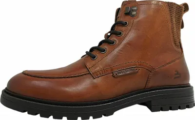 A single brown leather boot on a white background.