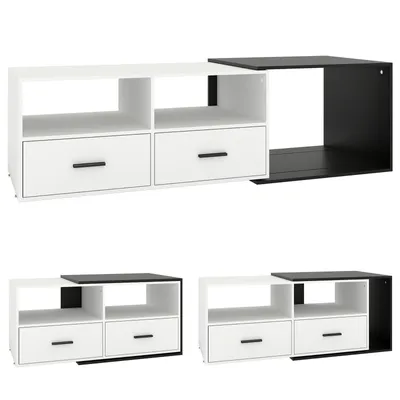 Produktbild von Puluomis Ausziehbarer Couchtisch mit Schublade, Kaffeetisch mit Farbblock Design und Rollen Schreibtisch Sofatisch für Wohnzimmer schwarz weiß