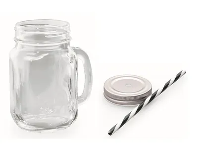 Produktbild von Trinkglas mit Deckel und Trinkhalm silber schwarz