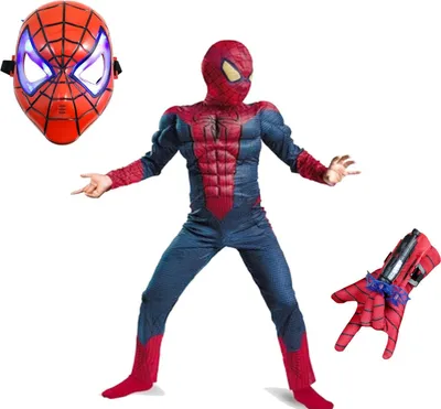 Produktbild von Spider-Man Muskel-Kostüm-Set, Handschuh mit Abschussvorrichtung und LED-Plastikmaske, rot, 3-5 Jahre, 100-110