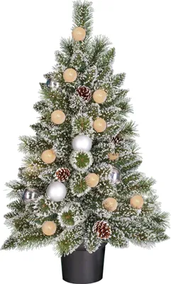 Produktbild von Black Box Trees Kaprun Künstlicher Weihnachtsbaum im Topf mit LED-Beleuchtung und Timerfunktion - H90 cm - Grün, Silber