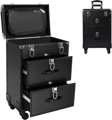 Produktbild von Kosmetikkoffer Trolley Schminkkoffer 2 Schubladen Beauty Case 3-in-1 Make Up Koffer Friseurkoffer Rollkoffer Groß Nagelkoffer mit Rollen 360° Drehbar 36 x 23 x 58 cm (Schwarz)
