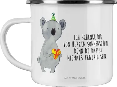 Produktbild von Mr. & Mrs. Panda Teetasse Koala Geschenk - Weiß - Campingbecher, Emaille Tasse, becher, Party, Haferl, Pott, Geburtstag