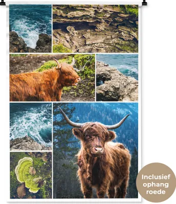 Produktbild von MuchoWow® Wandteppich Wandbehang Schottisches Hochlandrind - Collage - Tiere 90x135 cm Tapisserie Dekoration Wandtuch - Baumwolle - Wandskulptur