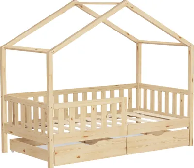 Produktbild von ML-Design Kinderbett Hausbett 80x160 cm Natur mit 2 Schubladen Holzbett mit Rausfallschutz Lattenrost und Dach, Spielbett aus Kiefernholz, Bodenbett
