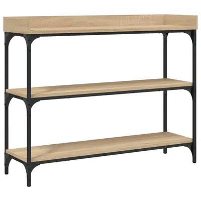 A three-tiered console table with a light wood finish and black metal frame, shown against a white background.