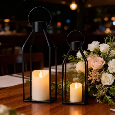 Image de Lanternes d'extérieur, avec bougies LED, lanternes de jardin, lot de 2, 32 + 40 cm, en acier inoxydable, lanternes décoratives en acier inoxydable