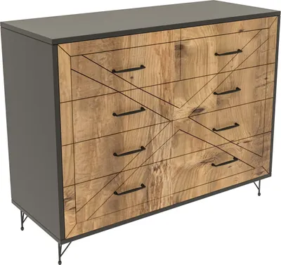 A 3D rendering of a dresser with a wood-grain front and gray sides.