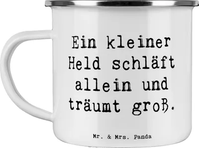 Produktbild von Mr. & Mrs. Panda Teebecher Spruch Alleine schlafen lernen - Weiß - Geschenk, Trost, Teetasse, Emaille Tasse, Kaffeepott, Träume, blechbecher, Vertrauem, Zuversicht, Mut
