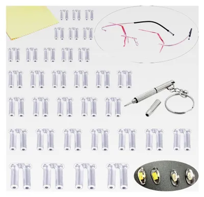 Produktbild von Randloses Brillenzubehör für Brillenreparatur mit Schraubendreher, Nasenpads und Brillenputztuch, Set mit 130 Stück